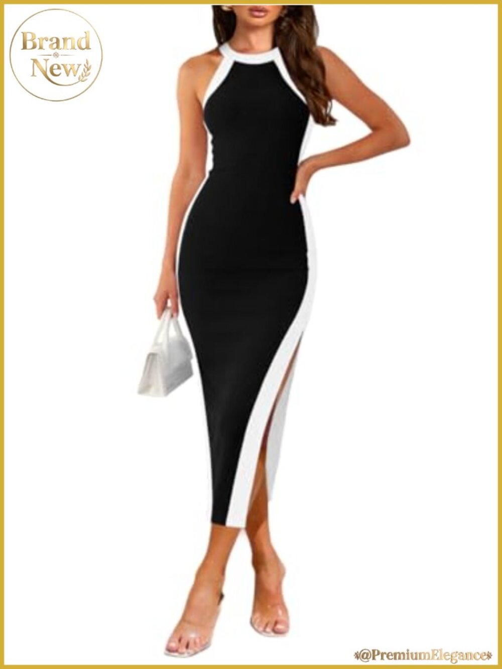 Women's Sleeveless Halter Ribbed Knit Bodycon Midi Side Slit Summer Dress